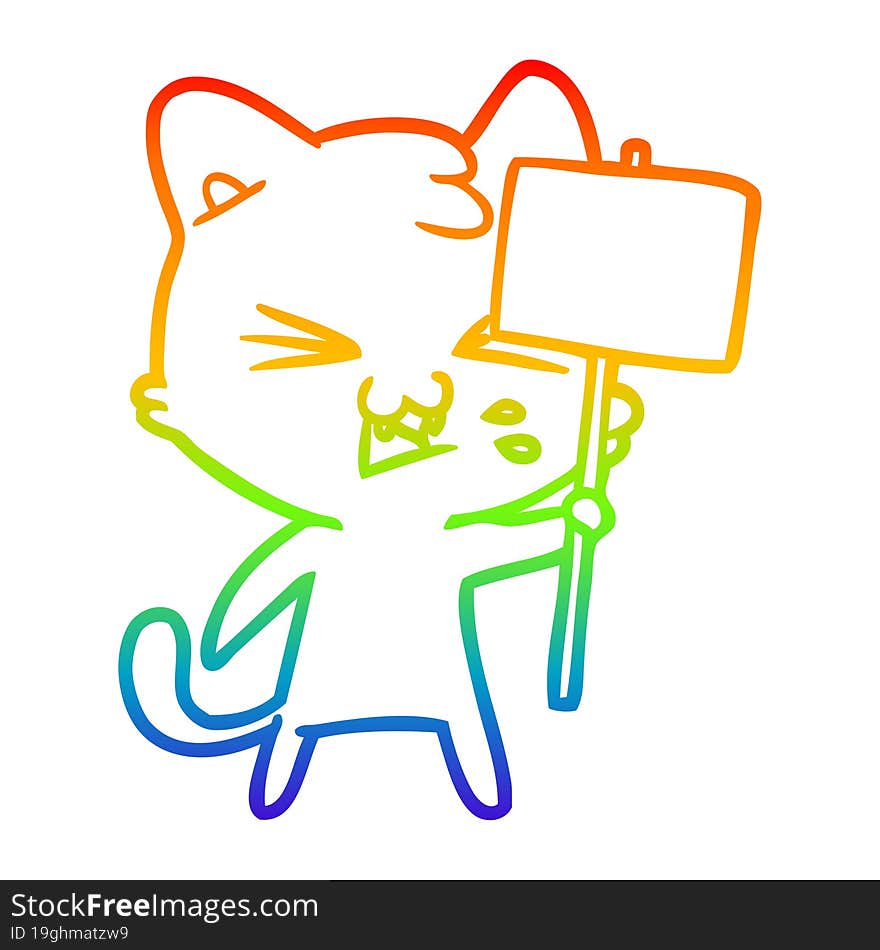 rainbow gradient line drawing of a cartoon cat hissing