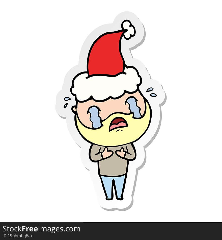 sticker cartoon of a bearded man crying wearing santa hat