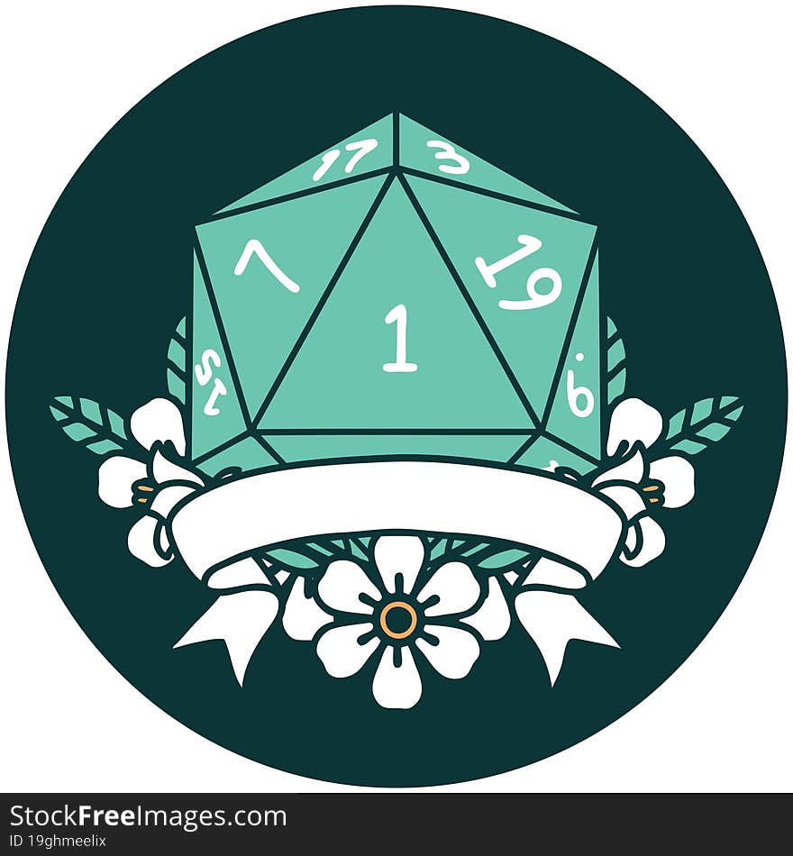 icon of natural one d20 dice roll. icon of natural one d20 dice roll