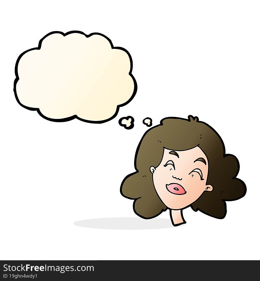 cartoon happy female face with thought bubble