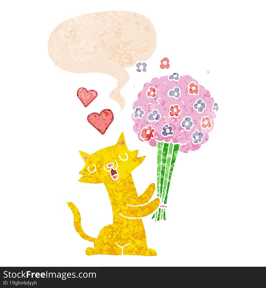 cartoon cat in love with flowers and speech bubble in retro textured style