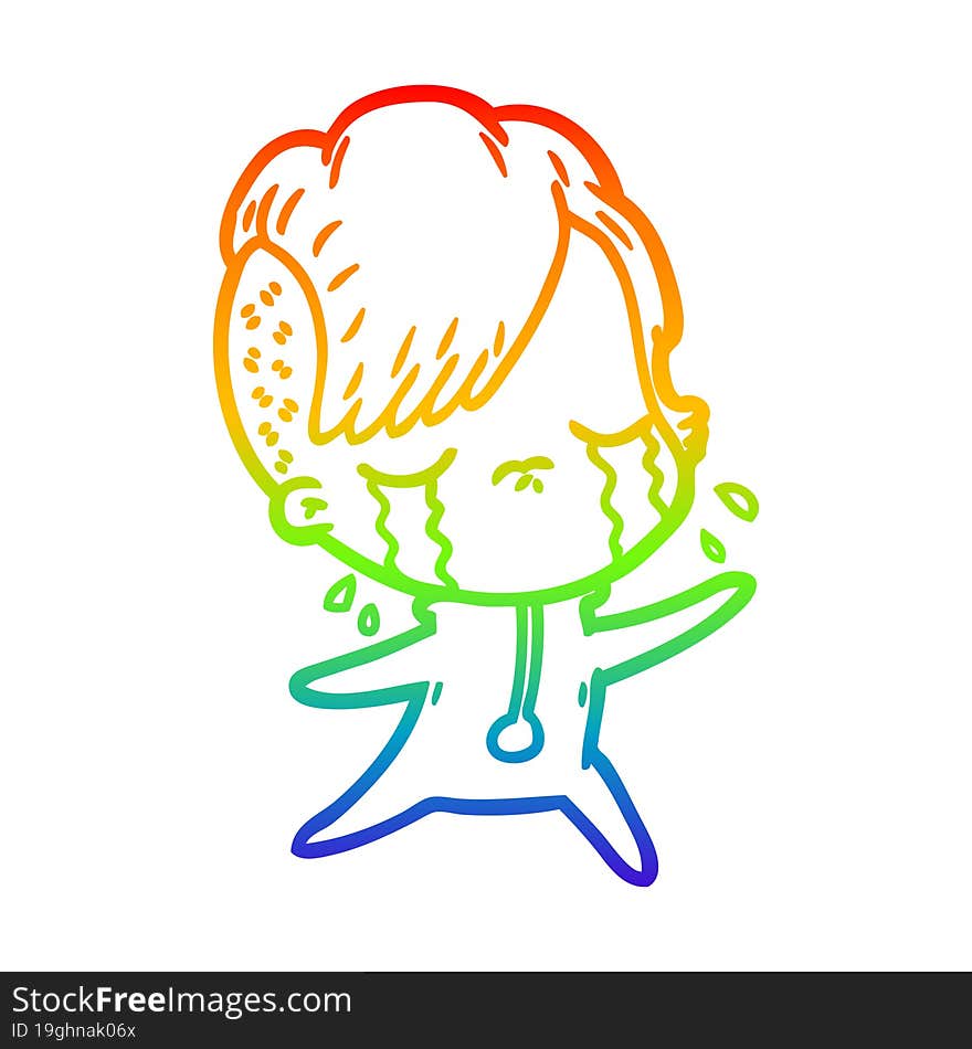 rainbow gradient line drawing cartoon crying girl wearing space clothes