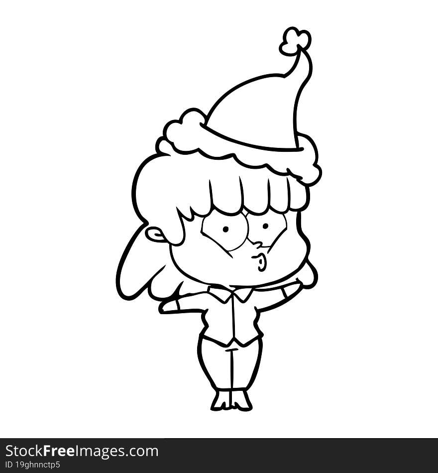 line drawing of a whistling girl wearing santa hat