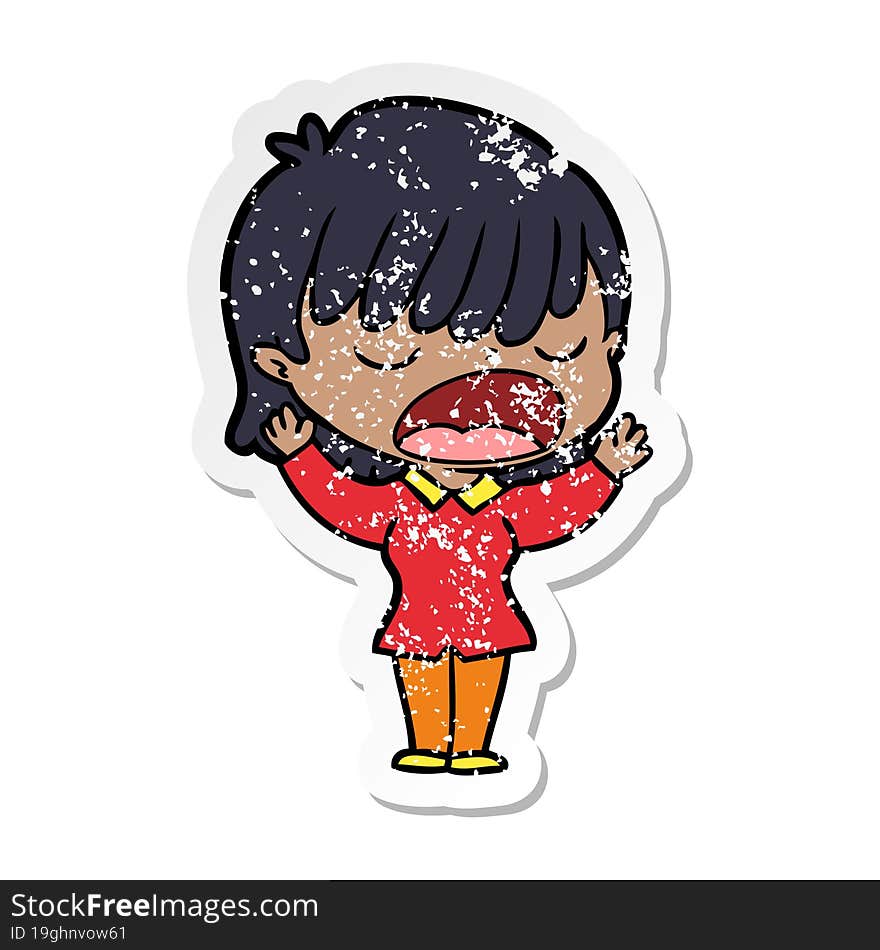 distressed sticker of a cartoon woman talking loudly