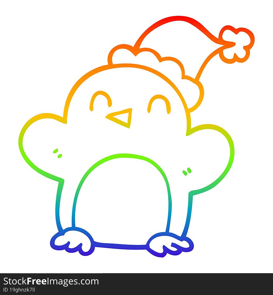 rainbow gradient line drawing cartoon penguin wearing christmas hat