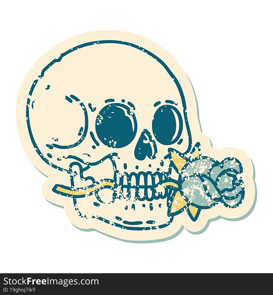 distressed sticker tattoo style icon of a skull and rose