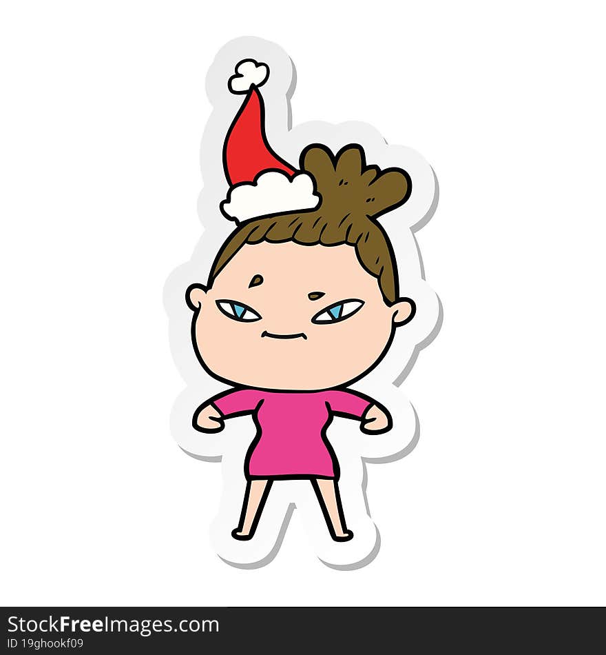 hand drawn sticker cartoon of a woman wearing santa hat