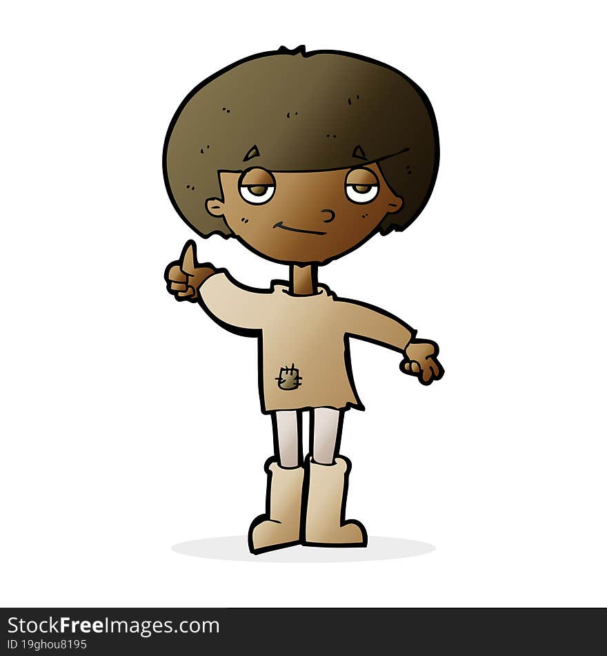 cartoon boy in poor clothing giving thumbs up symbol