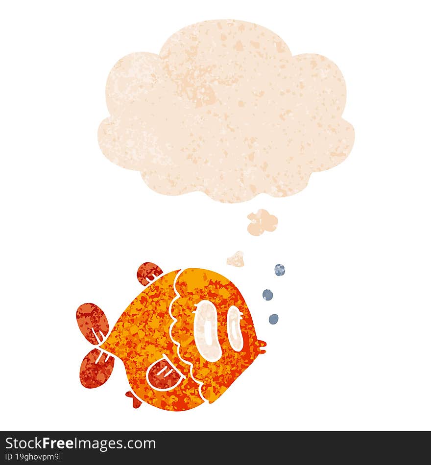 cartoon fish and thought bubble in retro textured style