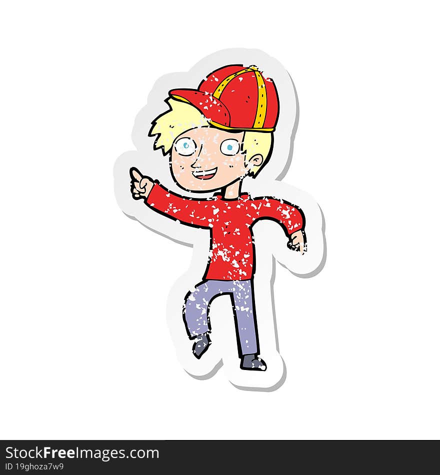 Retro Distressed Sticker Of A Cartoon Boy In Cap Pointing