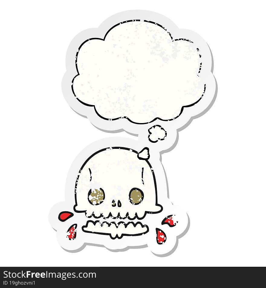 cartoon spooky skull and thought bubble as a distressed worn sticker