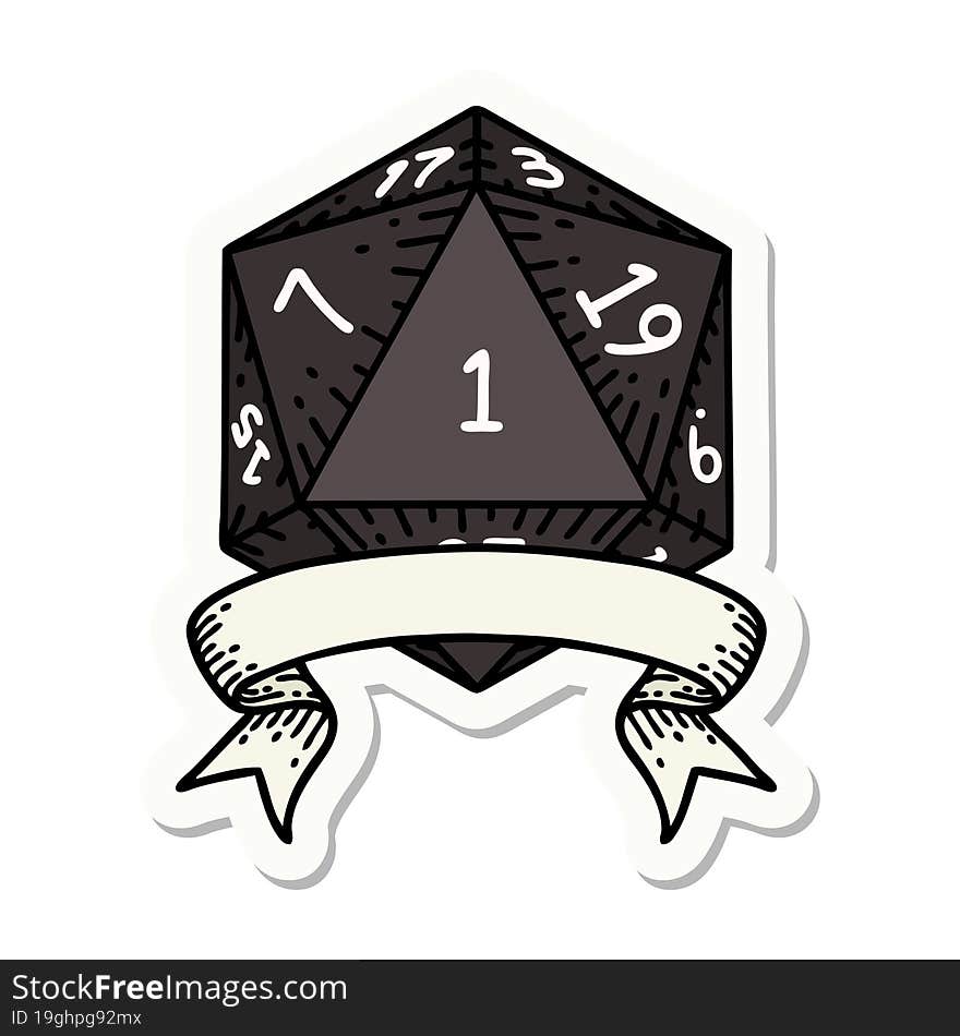 sticker of a natural one d20 dice roll. sticker of a natural one d20 dice roll