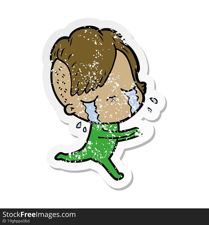 distressed sticker of a cartoon crying girl