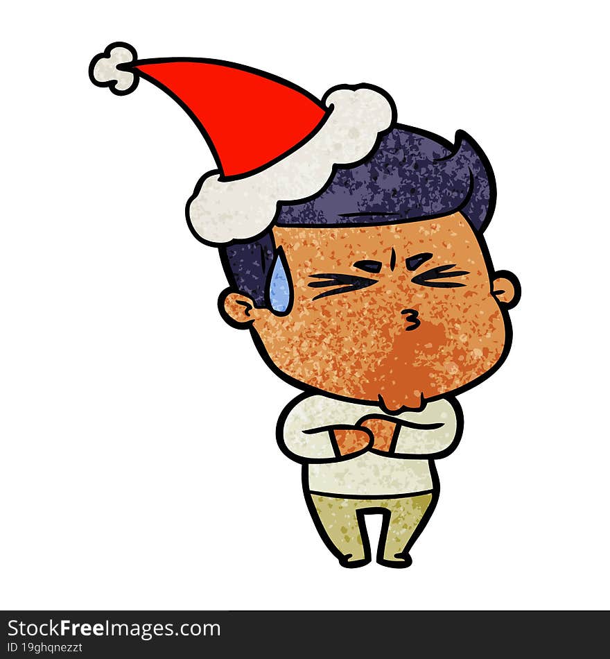 textured cartoon of a frustrated man wearing santa hat