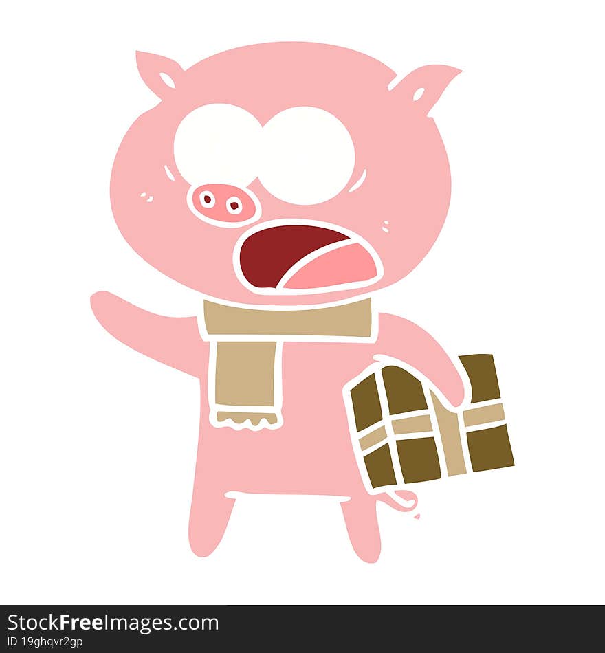 flat color style cartoon pig with christmas present