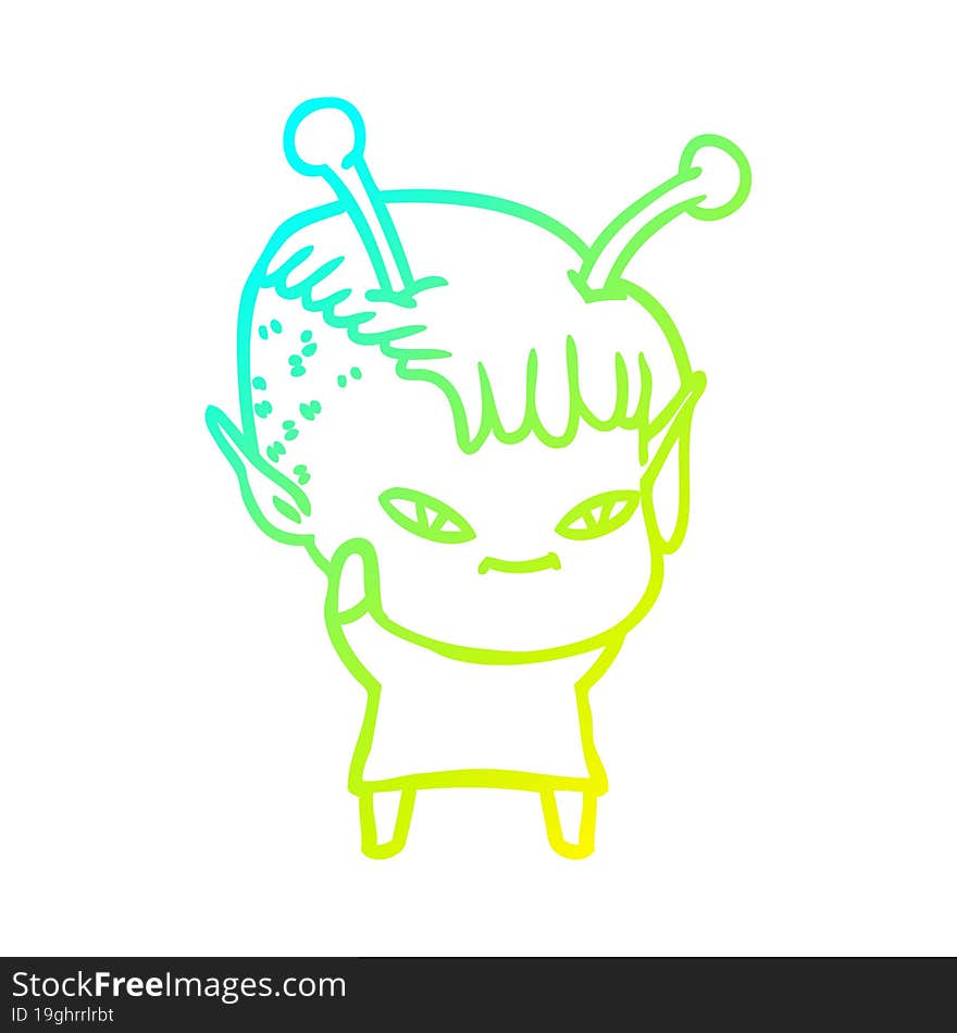 cold gradient line drawing of a cute cartoon alien girl