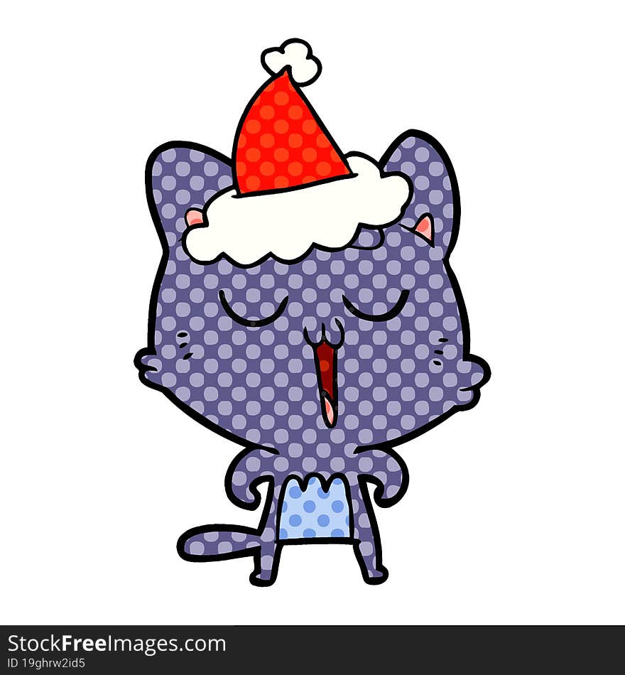 comic book style illustration of a cat singing wearing santa hat