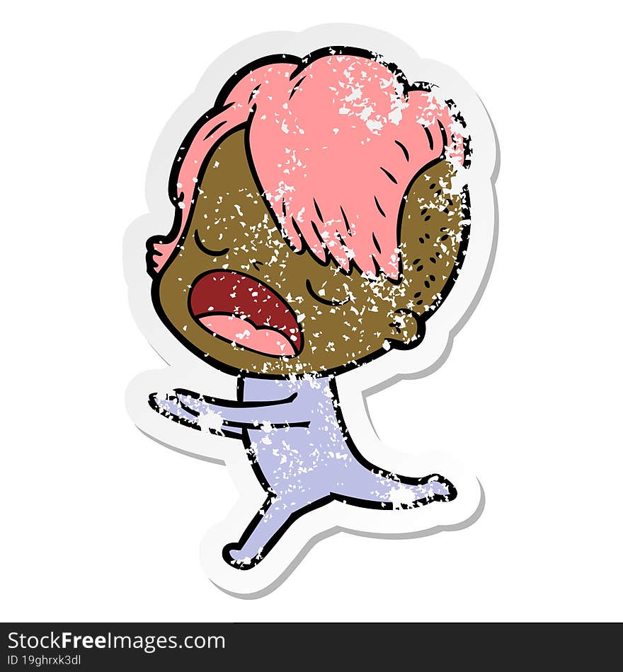 distressed sticker of a cartoon cool hipster girl talking