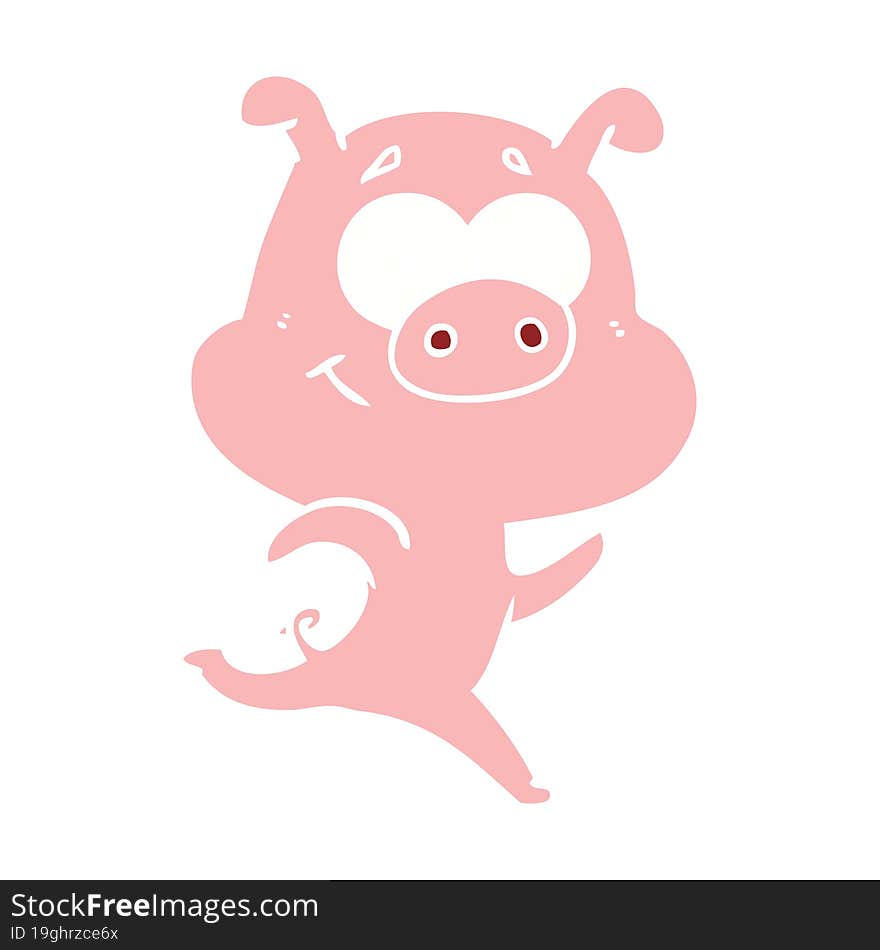 happy flat color style cartoon pig running