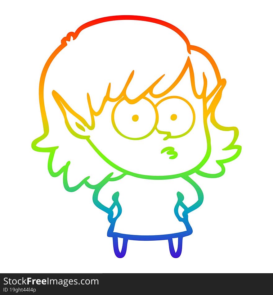 rainbow gradient line drawing cartoon elf girl staring