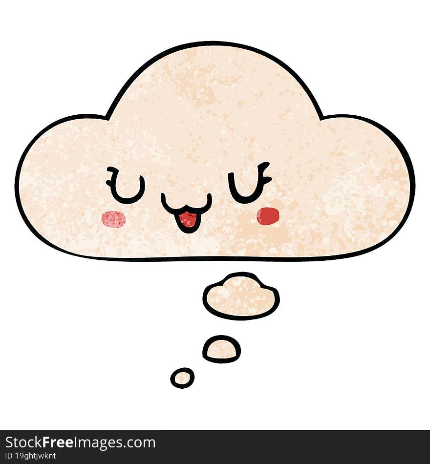 Cute Happy Cartoon Face And Thought Bubble In Grunge Texture Pattern Style