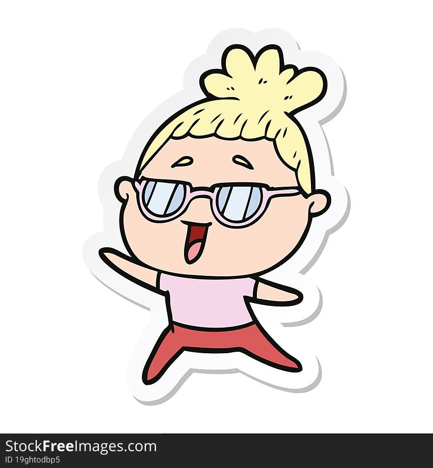 sticker of a cartoon happy woman wearing spectacles