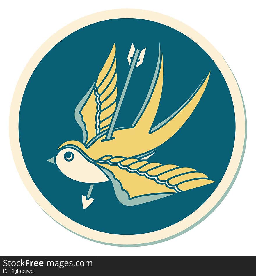 tattoo style sticker of a swallow pieced by arrow