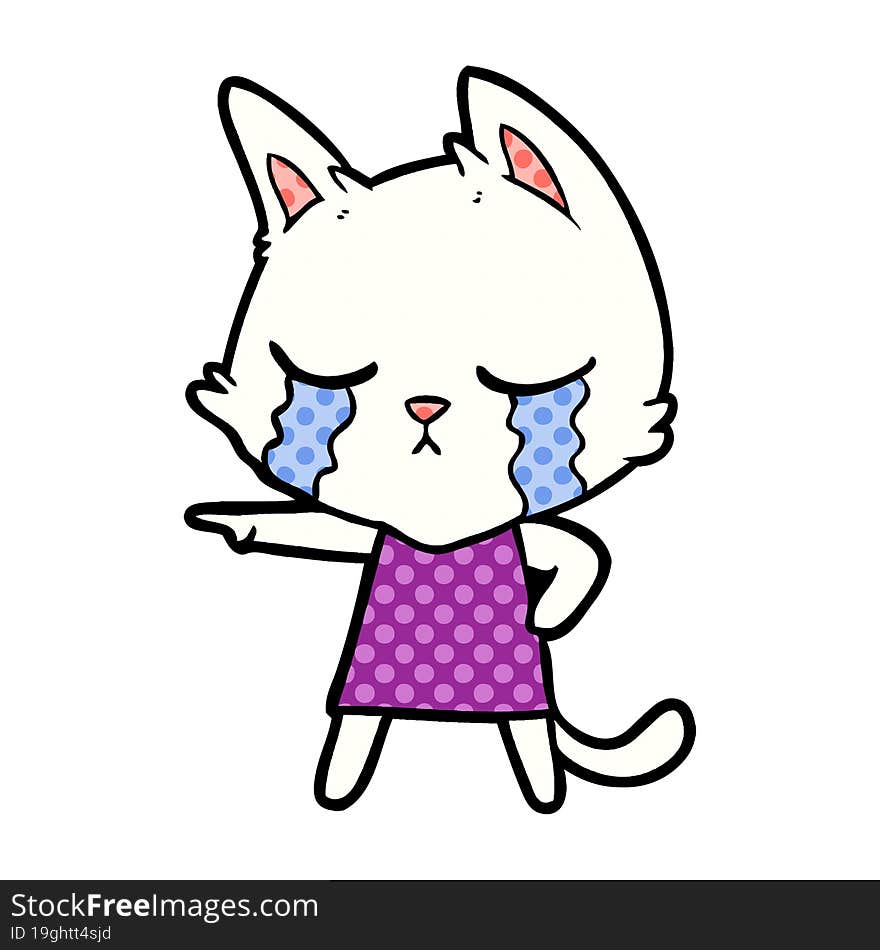 crying cartoon cat in dress pointing. crying cartoon cat in dress pointing