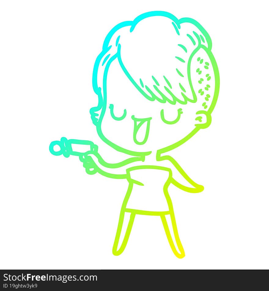 cold gradient line drawing of a cute cartoon girl with hipster haircut