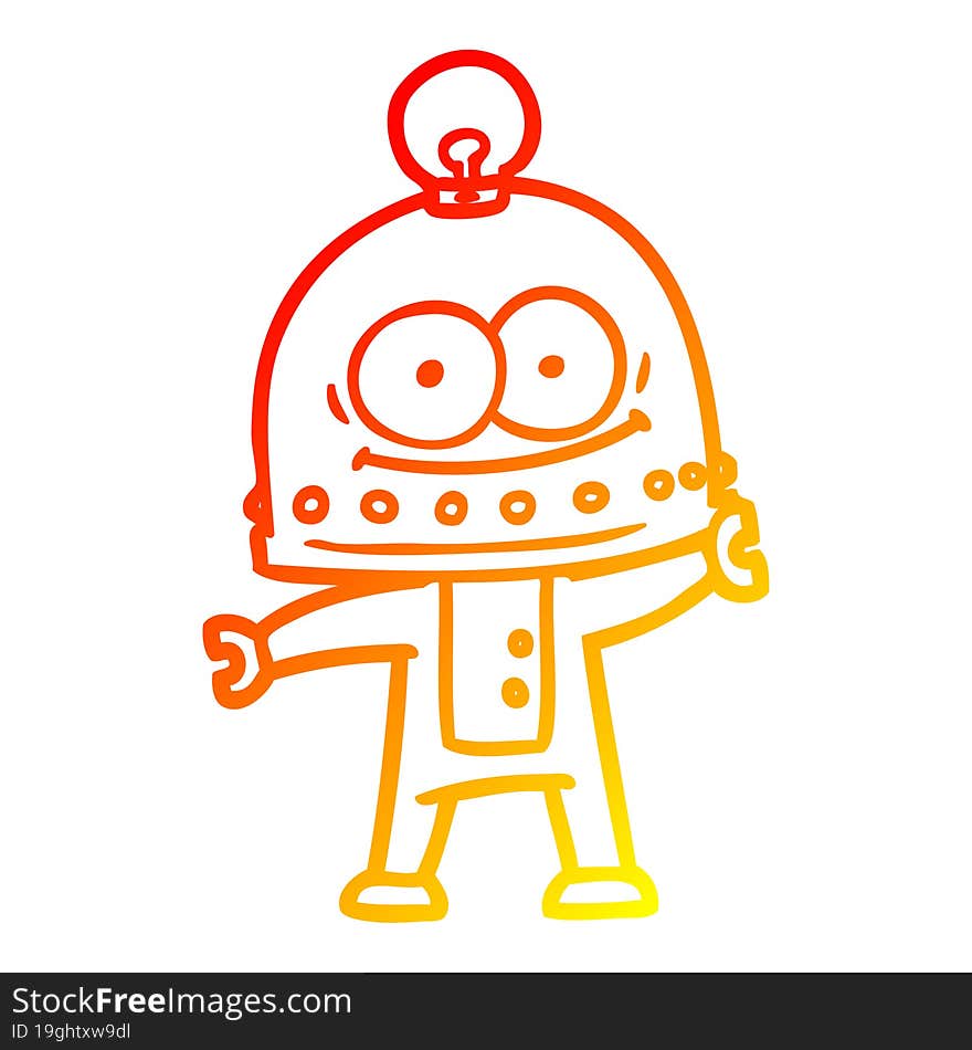 warm gradient line drawing of a happy carton robot with light bulb