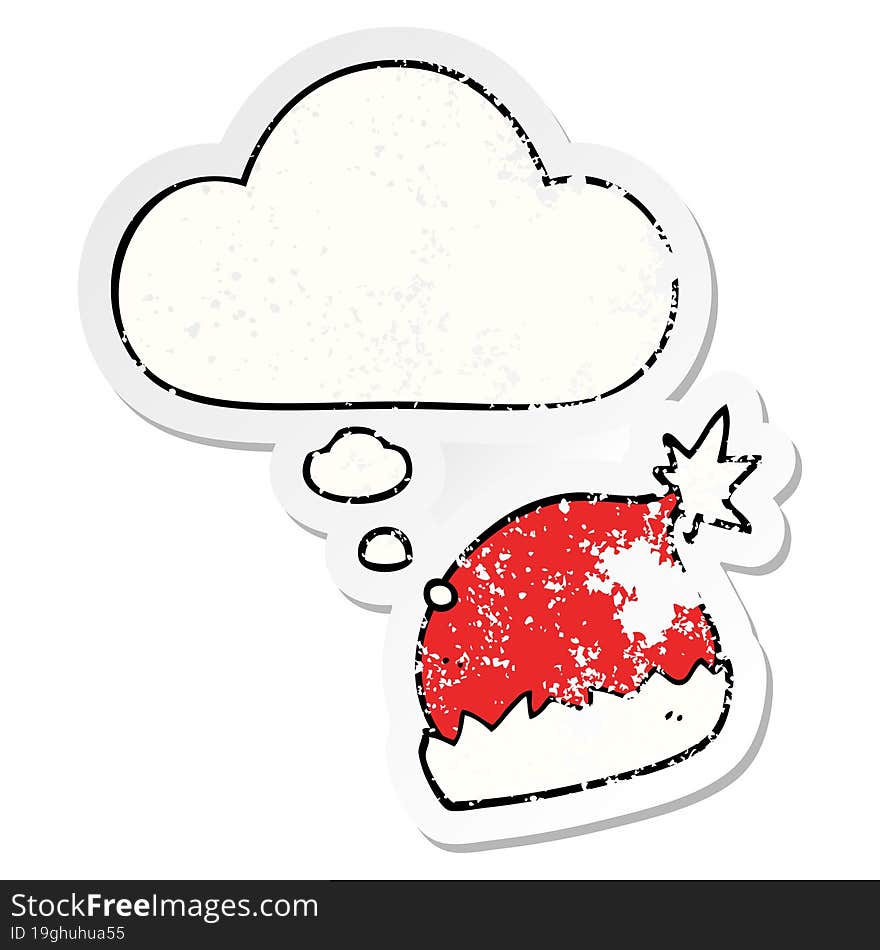 cartoon santa hat and thought bubble as a distressed worn sticker