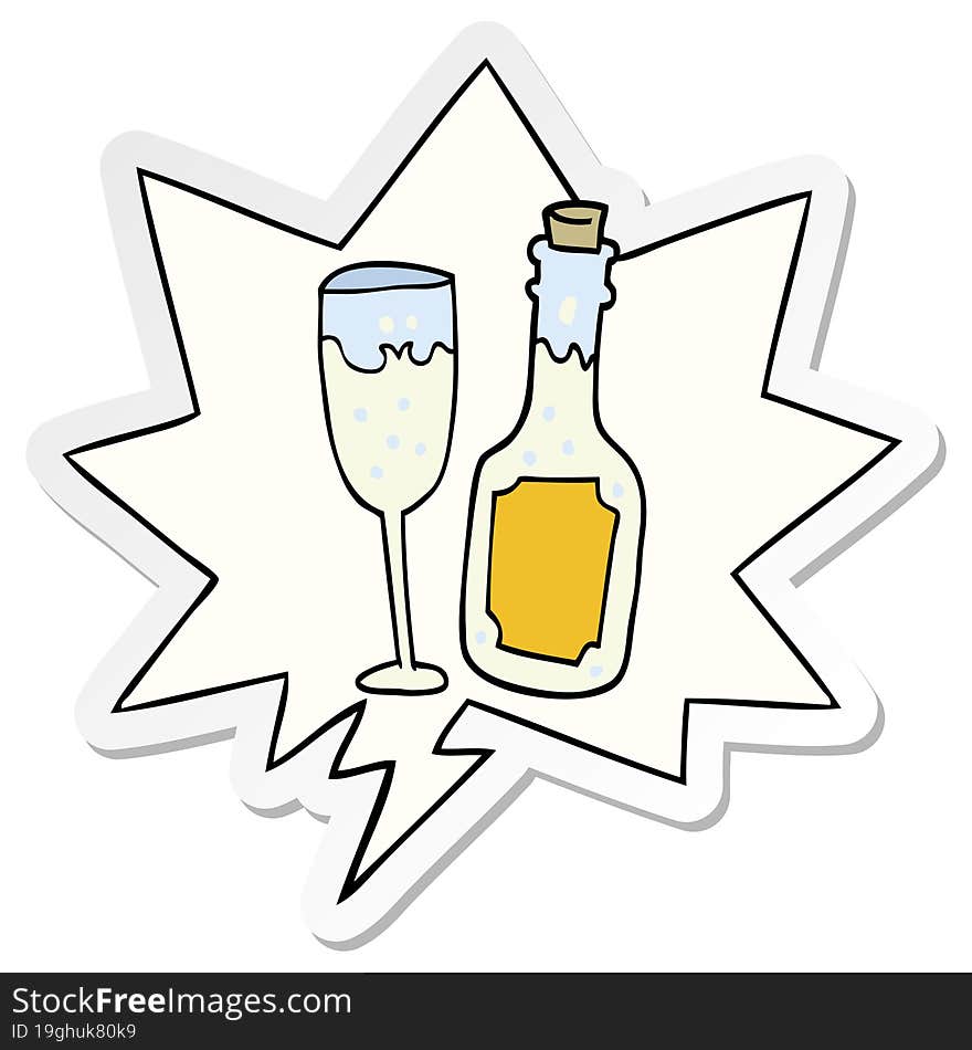 cartoon champagne bottle and glass and speech bubble sticker