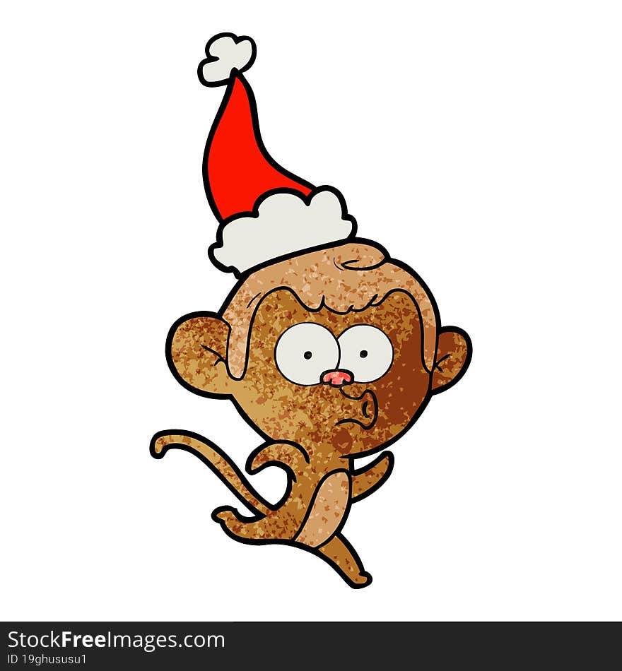 textured cartoon of a surprised monkey wearing santa hat