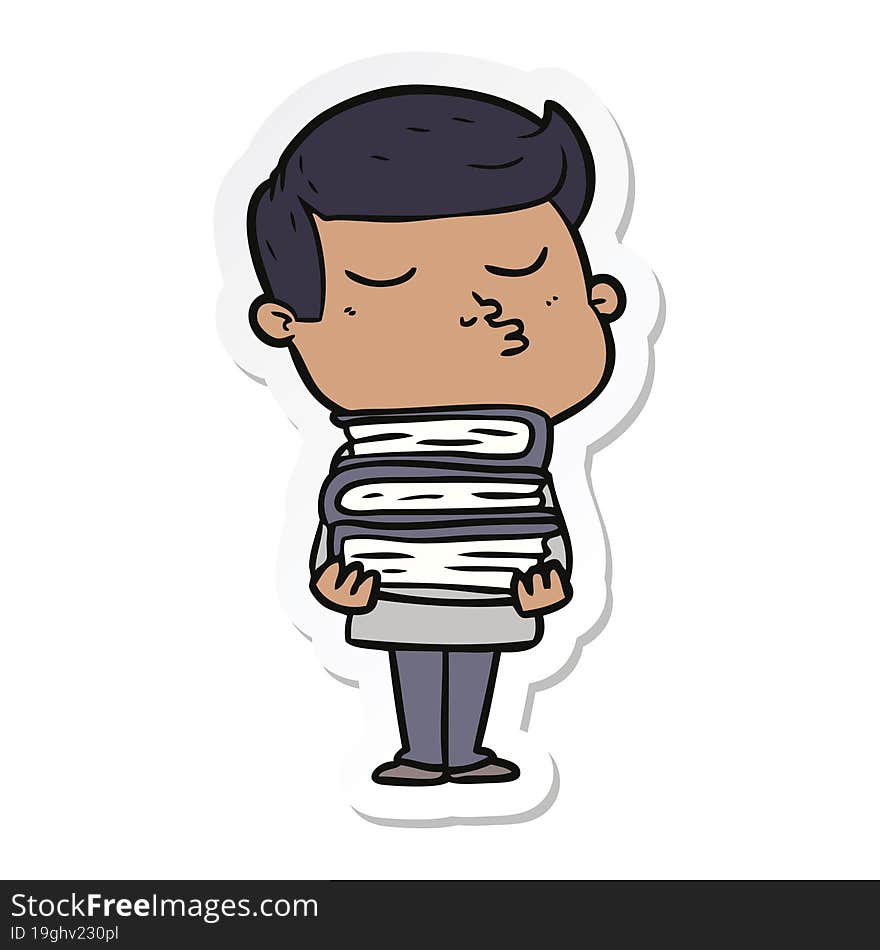 sticker of a cartoon model guy pouting holding books