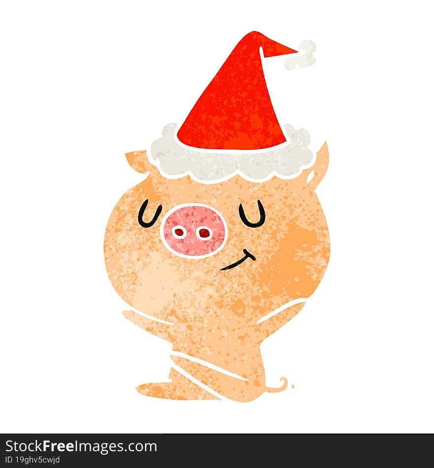 happy retro cartoon of a pig wearing santa hat