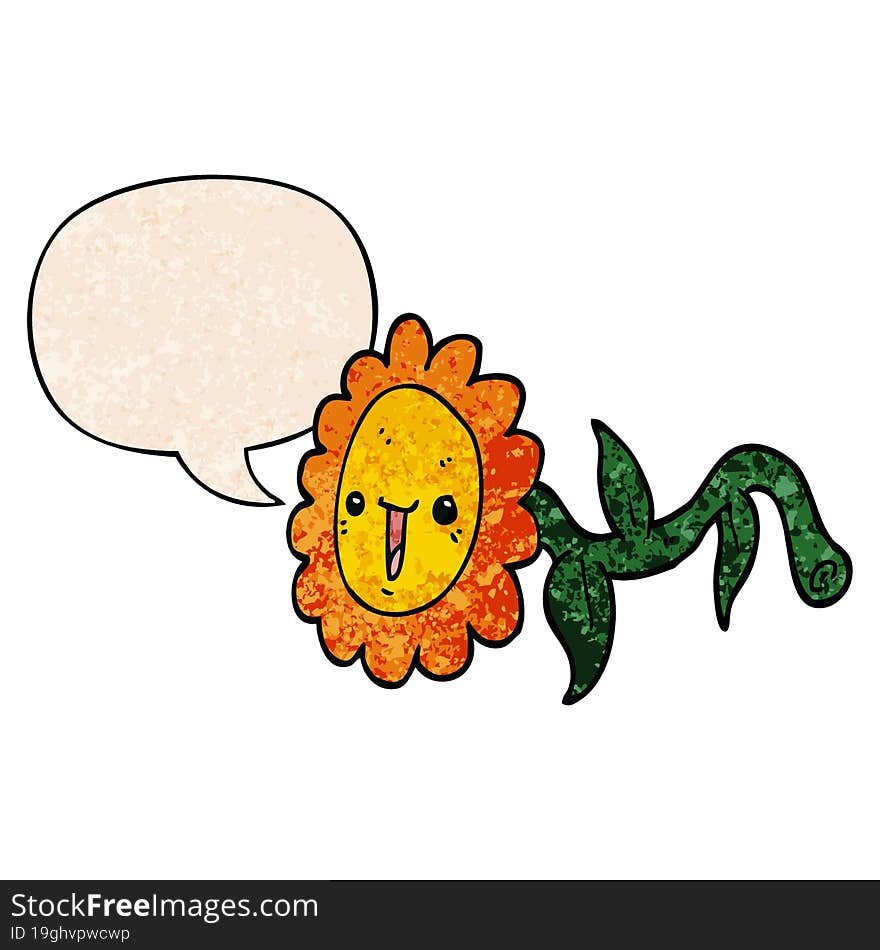 cartoon flower and speech bubble in retro texture style