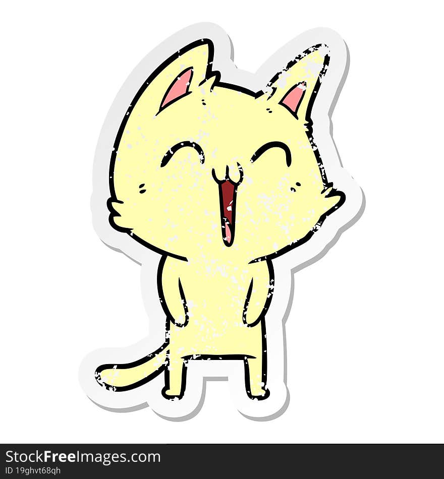 distressed sticker of a happy cartoon cat