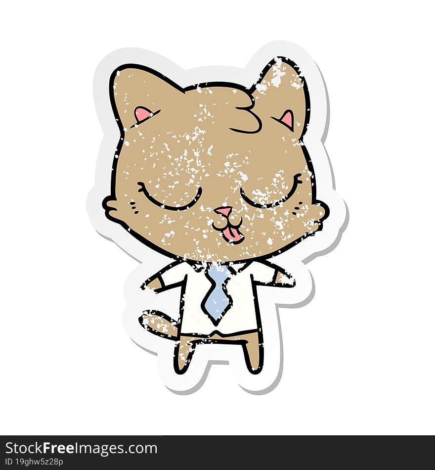 Distressed Sticker Of A Cartoon Business Cat