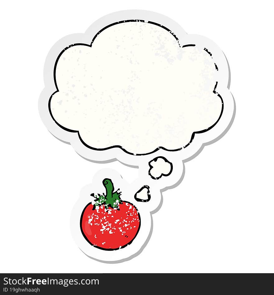 cartoon tomato and thought bubble as a distressed worn sticker