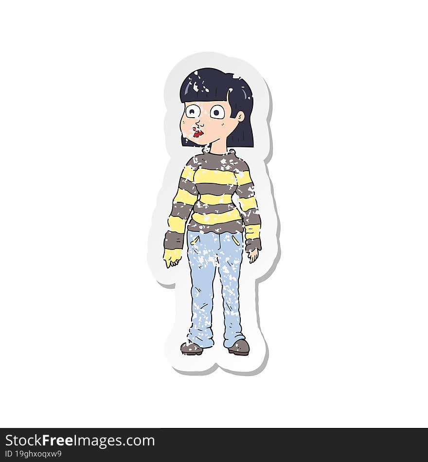 retro distressed sticker of a cartoon woman in casual clothes