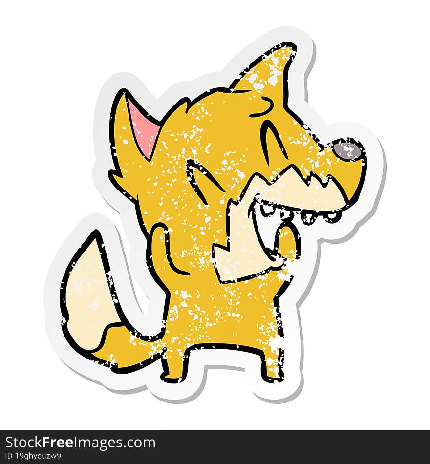 distressed sticker of a laughing fox cartoon