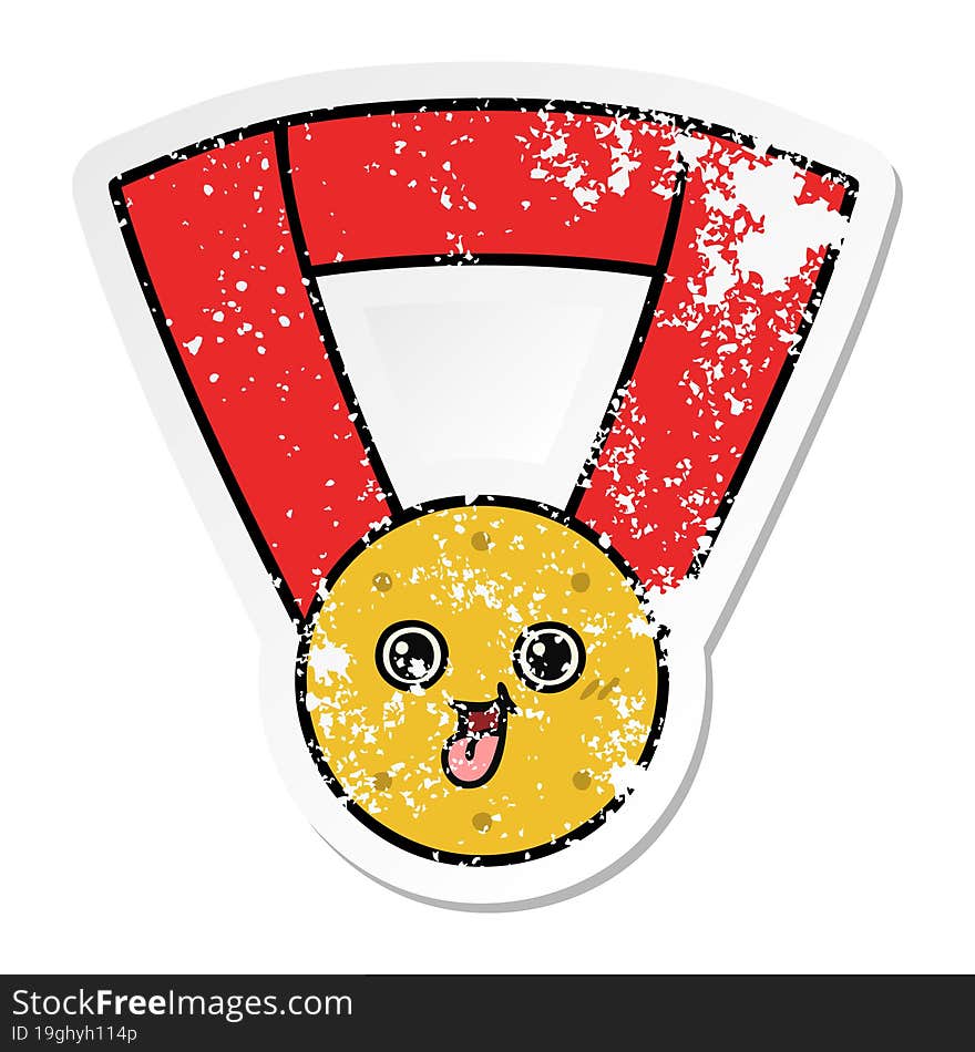 distressed sticker of a cute cartoon gold medal