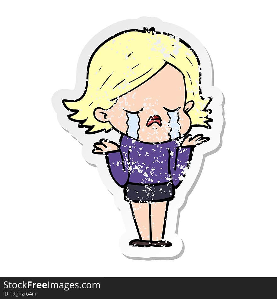 distressed sticker of a cartoon girl crying