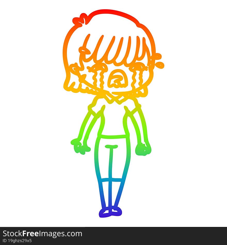 rainbow gradient line drawing of a cartoon girl crying