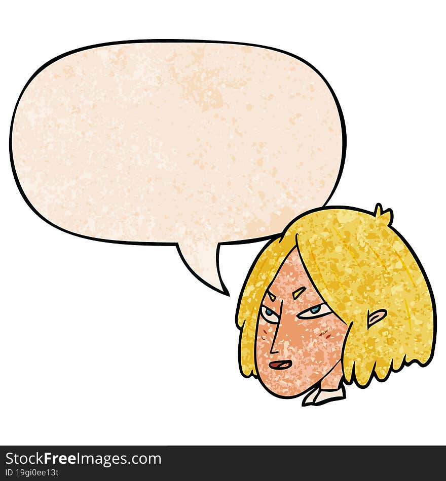 cartoon woman and speech bubble in retro texture style