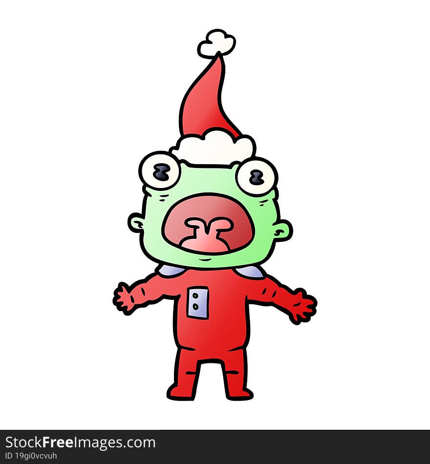 gradient cartoon of a weird alien communicating wearing santa hat