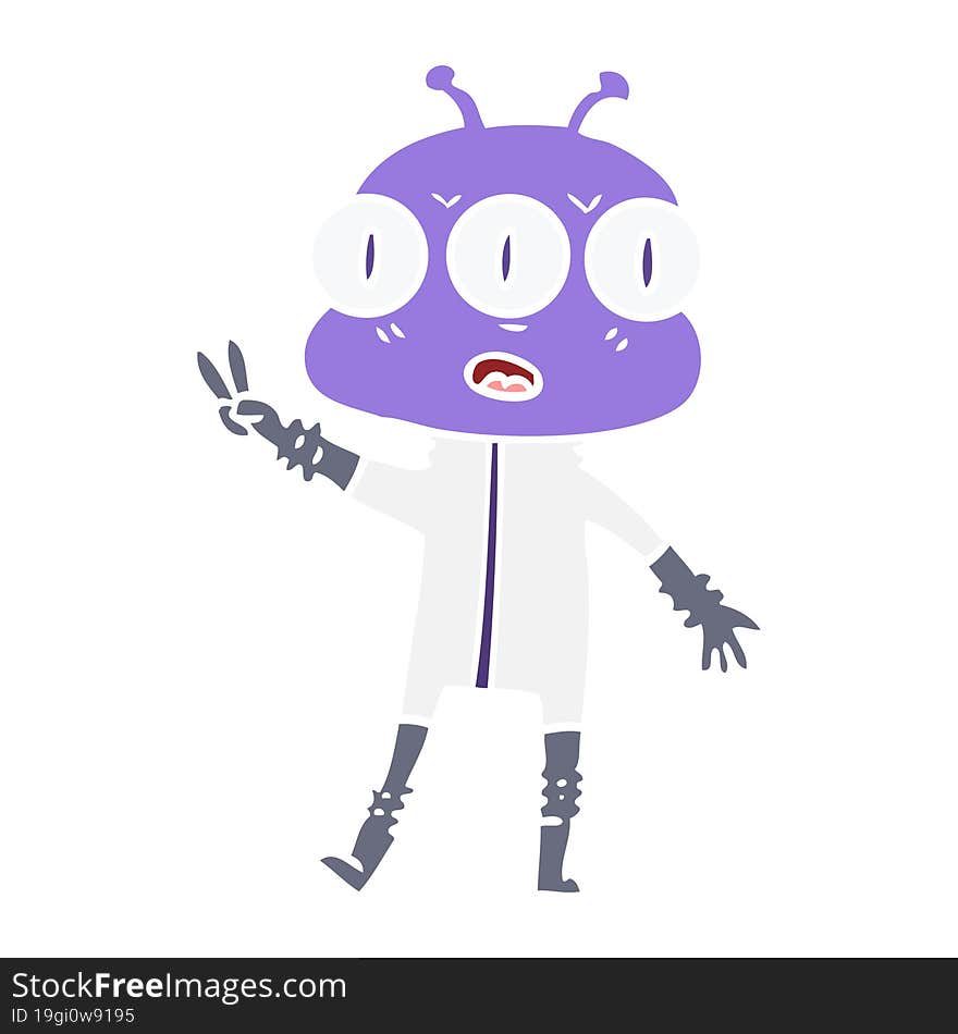 flat color style cartoon three eyed alien waving