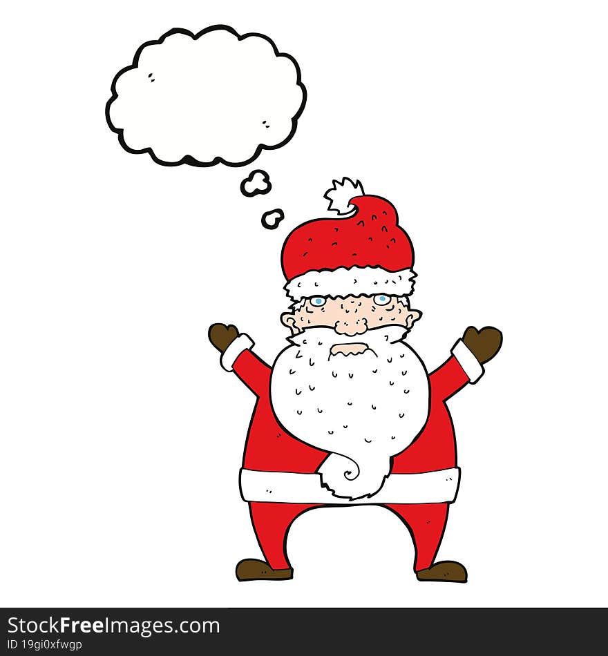 cartoon ugly santa claus with thought bubble