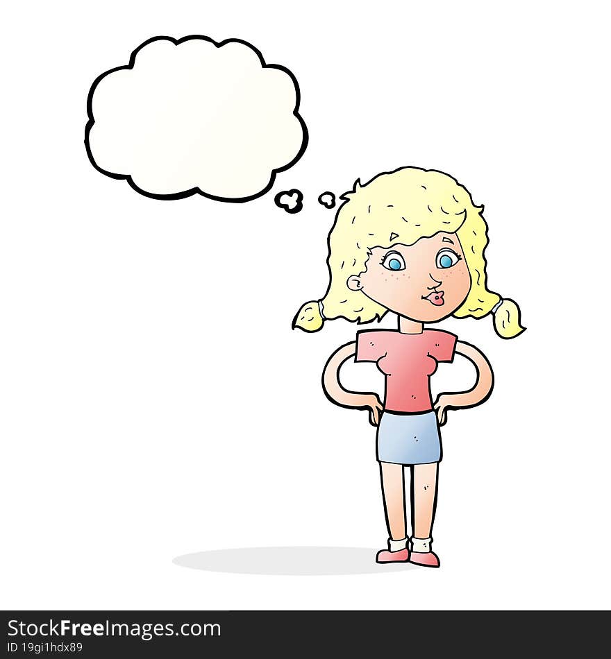 cartoon pretty girl with hands on hips with thought bubble