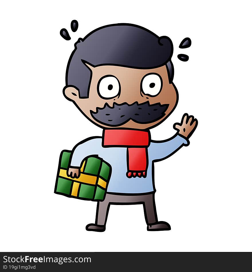 cartoon man with mustache and christmas present. cartoon man with mustache and christmas present